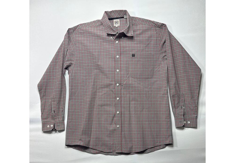 Cinch Men's Long Sleeve Gray Red Plaid Western Button Up Shirt - Size L